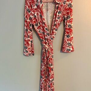 Diane Von Furstenberg Red and Black Leaf Print Wrap Dress
